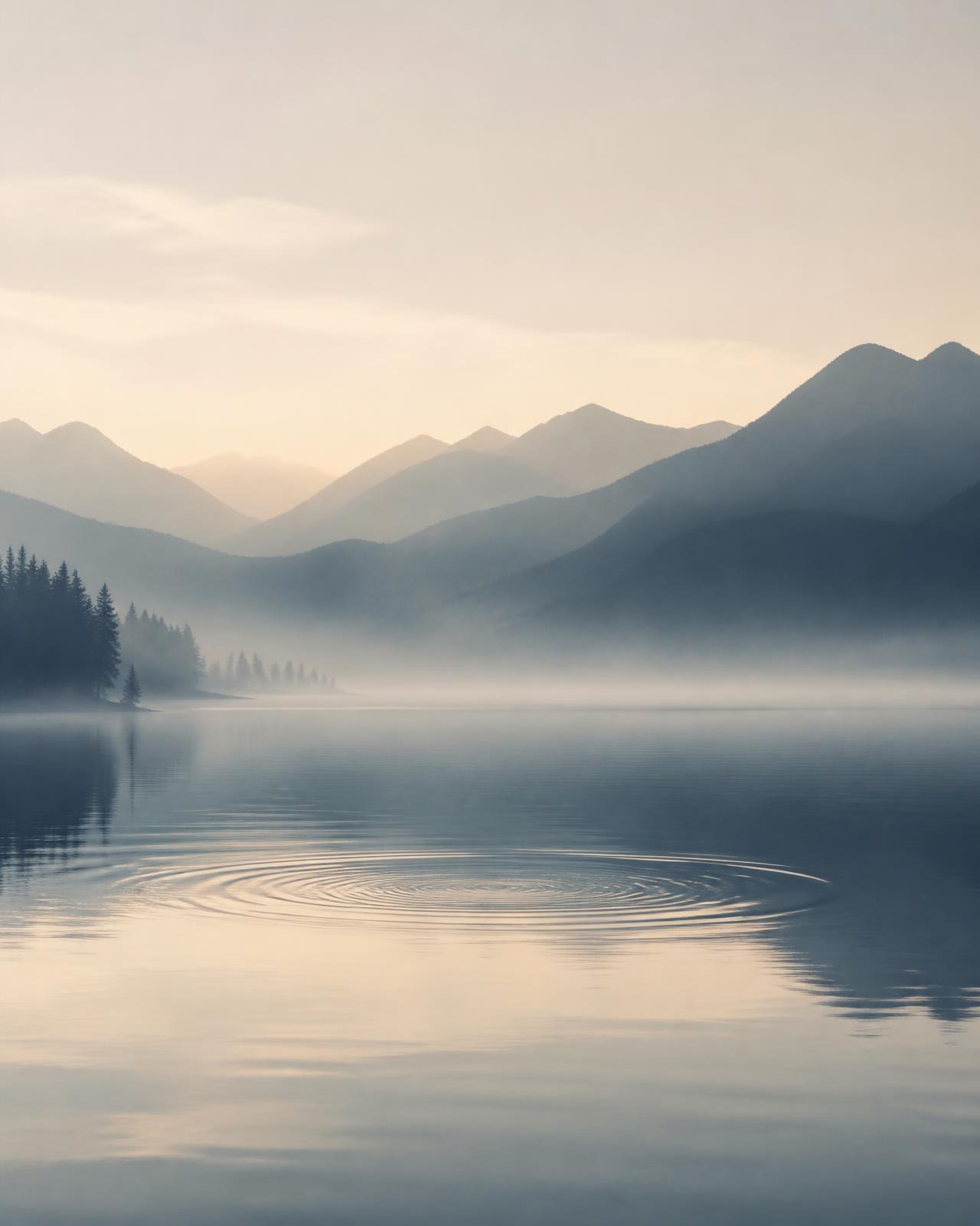 Lago en calma al amanecer con montañas al fondo y ondas concéntricas en el agua